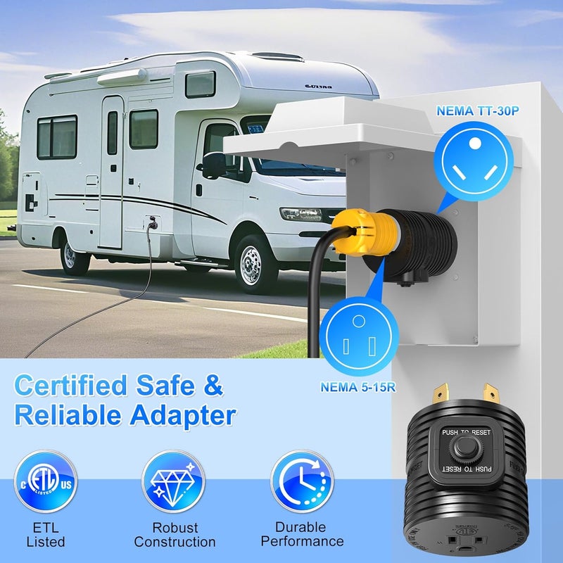 YAKADE محول 30A إلى 110 NEMA TT-30P قابس ذكر إلى NEMA 5-15R مأخذ أنثى مع قاطع تيار بقدرة 15A لتأريض الطاقة المنزلية إلى RV كامبر مدرج من ETL - Image 4
